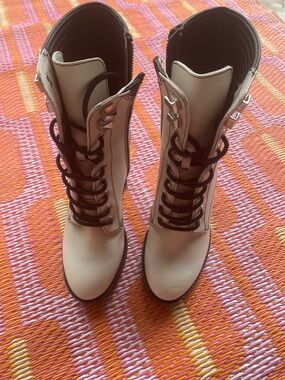 Michael Kors Cream and Black Lace-Up Block Heel Ankle Boots